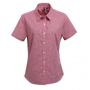Ladies Microcheck Cotton Short Sleeve Shirt Red/White Gingham